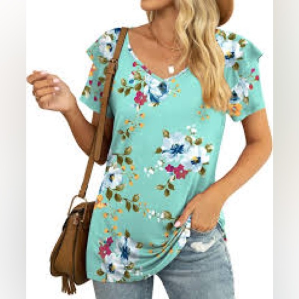 Shirt Top Tee Tunic Green White Floral Flowy V-Neck Short Sleeve Soft Sz L NEW